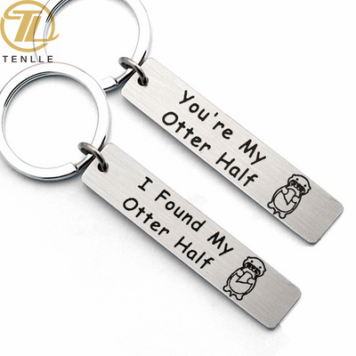 Lovers animal pattern mirror brush plated stainless steel key ring custom logo tag bar keychain for Couple Valentine's Day gift