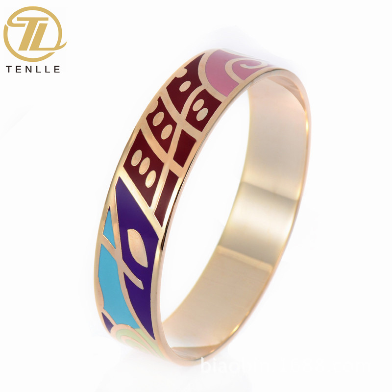 Vintage enamel stainless steel bracelet plated with real gold custom painted Cloisonne bangle jewelry for girls