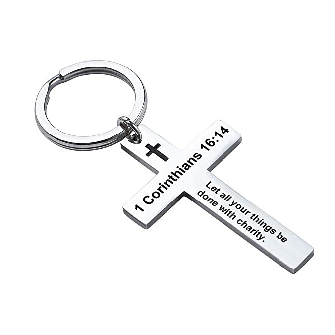 Wholesale Stainless Steel Keychain Cross Religious Keychains Polished Christian Gifts Keychains