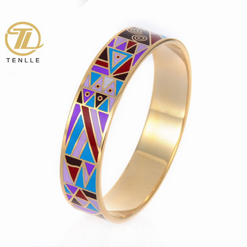 Vintage enamel stainless steel bracelet plated with real gold custom painted Cloisonne bangle jewelry for girls