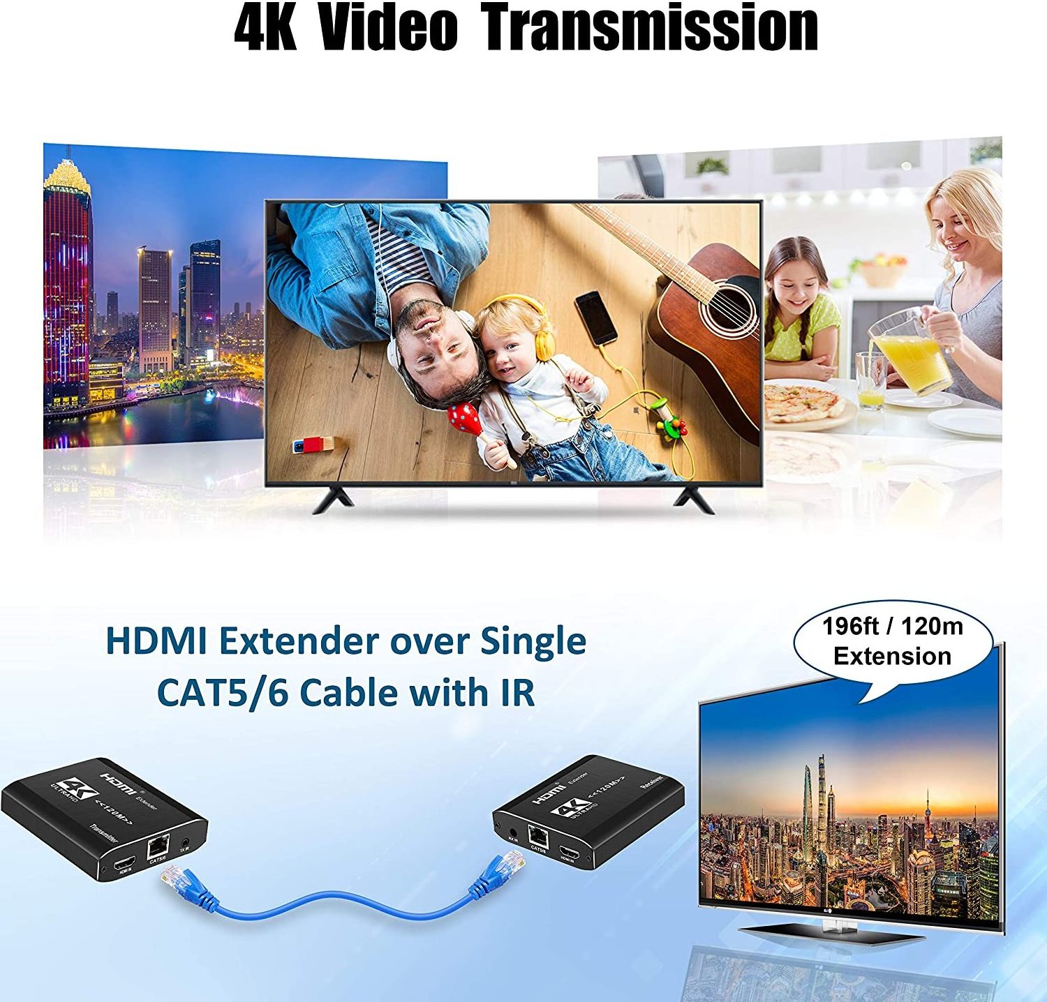 4K HDMI Extender via Ethernet Single Cat 5e/6 120M Support IR TX RX Cascade Connection