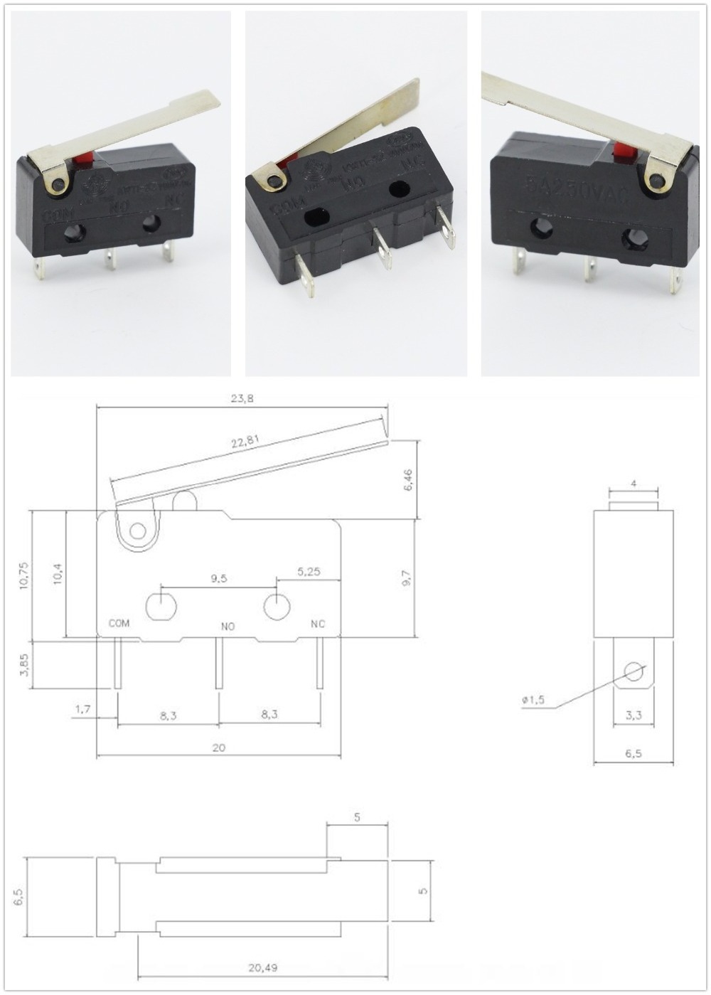 10PCS Hot sale Mini Micro Switch 3Pin With Roller Limit Switch-L 3Pin PCB Mount Hinge lever Subminiature Basic Limit Switch