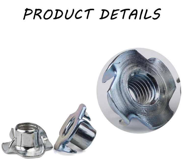 T Nut 4 Prong Threaded Insert Nut Carbon Steel Zinc Plated for Wood Rock Climbing Wall Holds Plywood Furniture Particle Board