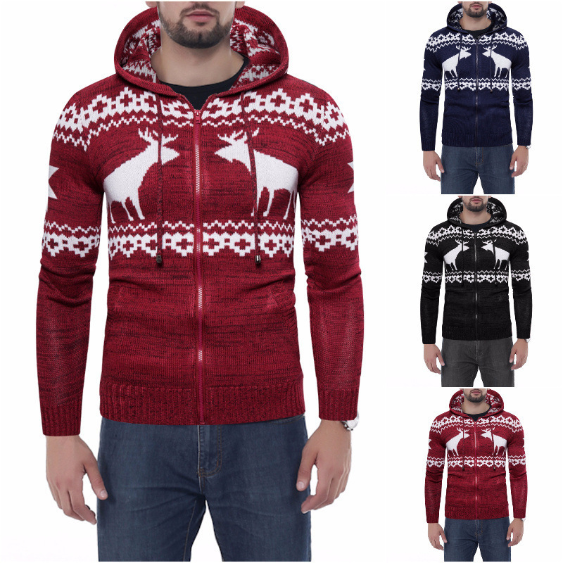 OEM Custom Ugly Christmas Fall Winter Zipper Hooded Men Knitted Sweater Coat Cardigan