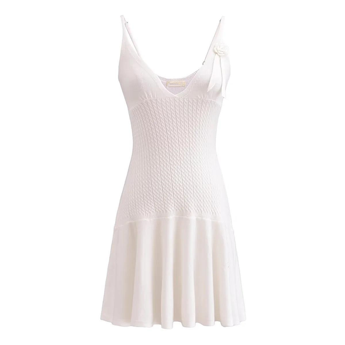 Womens Spring Sleeveless Midi Casual V Neck Strap Crochet Knit Sweater Dress