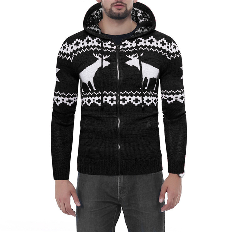 OEM Custom Ugly Christmas Fall Winter Zipper Hooded Men Knitted Sweater Coat Cardigan