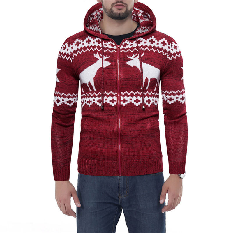 OEM Custom Ugly Christmas Fall Winter Zipper Hooded Men Knitted Sweater Coat Cardigan