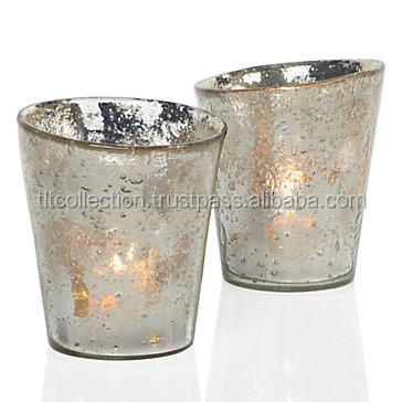 Fluted with distressed silver foil tea light holder / glass candle container