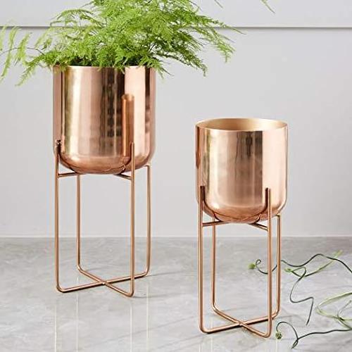 Hand Crafted Metal Brass Planter With Black Stand