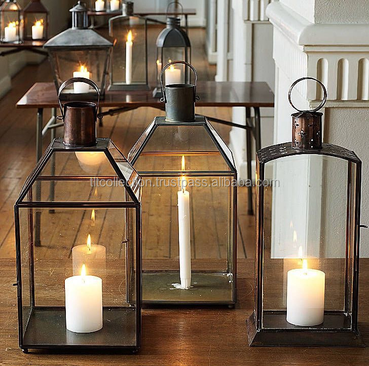 Decorative Large Hexagonal Lantern Black Finish Candle Holders