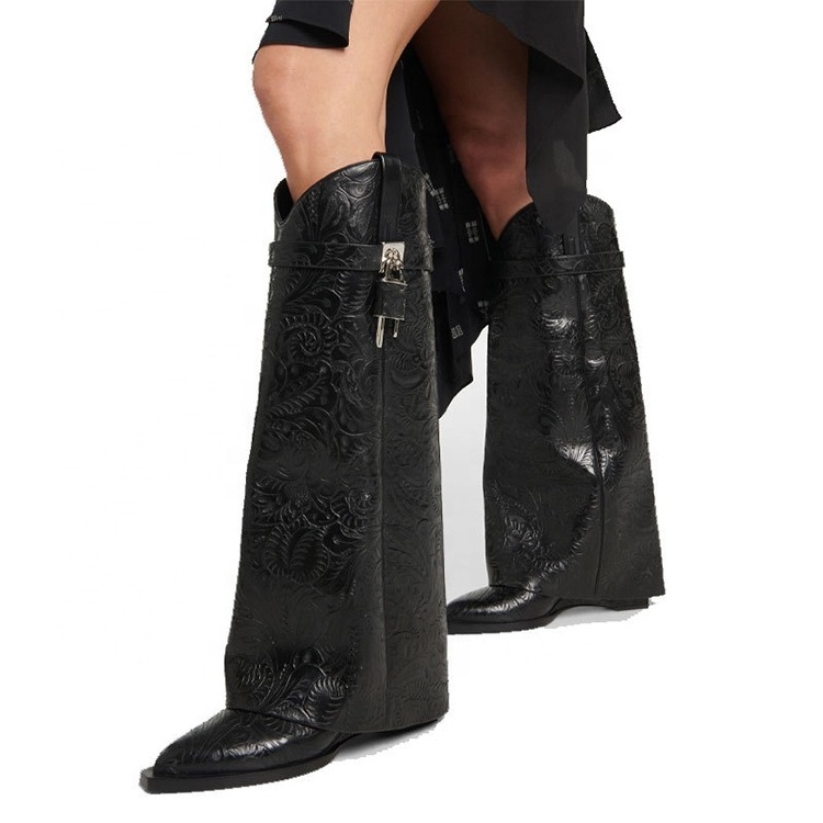 Women high heel wedge wide calf boots pointy toe shark lock printed trouser boots for men