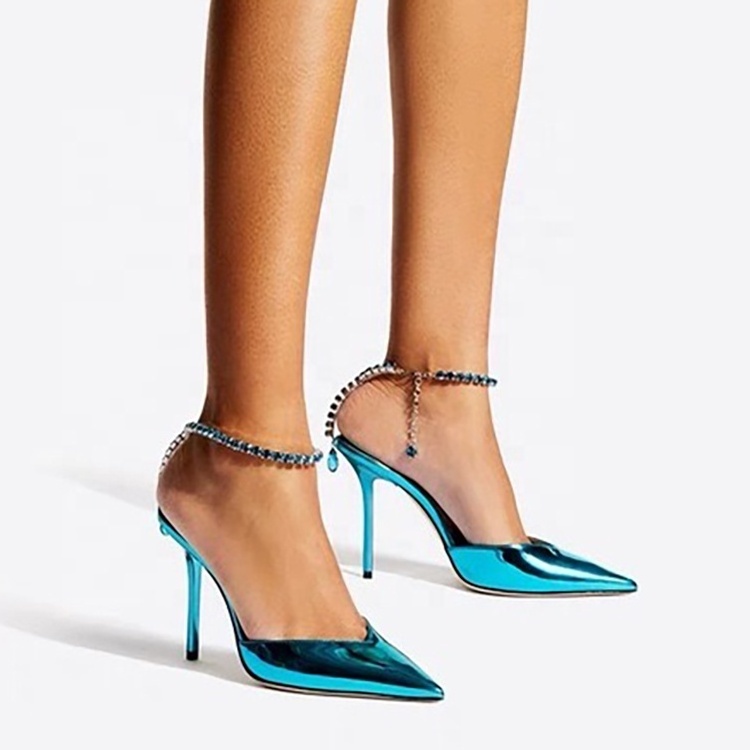 Diamonds chain ladies high heels dress shoes blue metallic women high heel sandal party wear