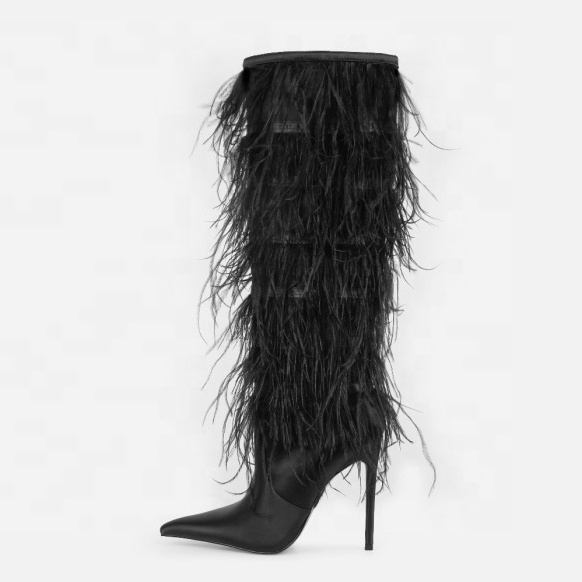 New Design Fashion Ostrich Feather Fluffy Stiletto Knee High Boots