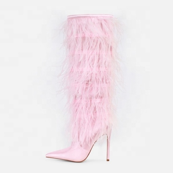 New Design Fashion Ostrich Feather Fluffy Stiletto Knee High Boots