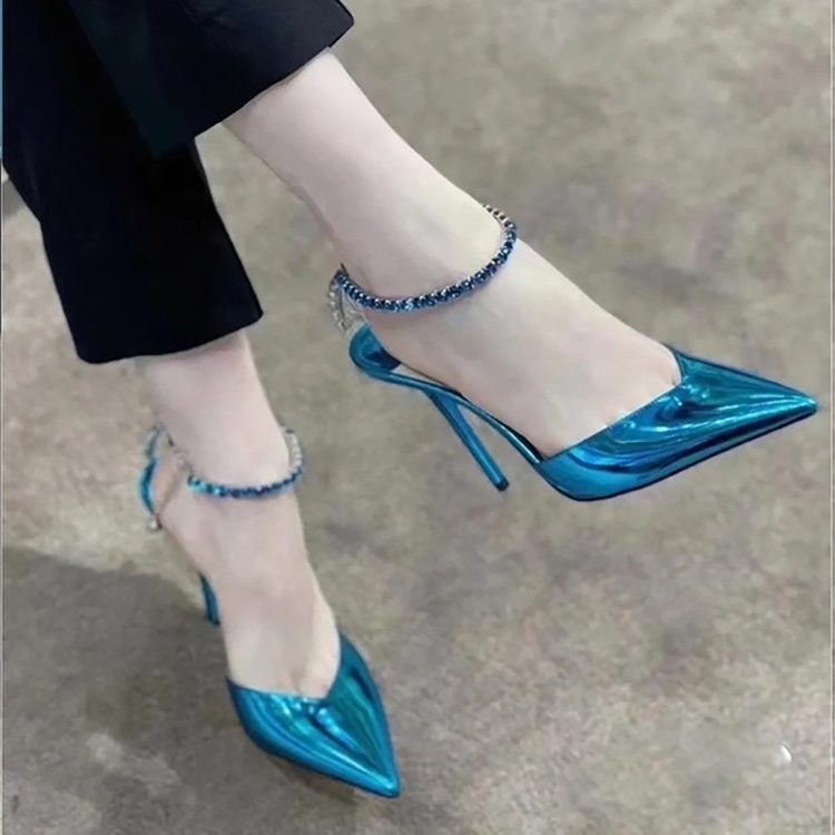 Diamonds chain ladies high heels dress shoes blue metallic women high heel sandal party wear