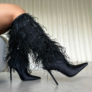 New Design Fashion Ostrich Feather Fluffy Stiletto Knee High Boots