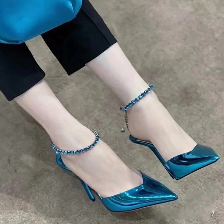 Diamonds chain ladies high heels dress shoes blue metallic women high heel sandal party wear