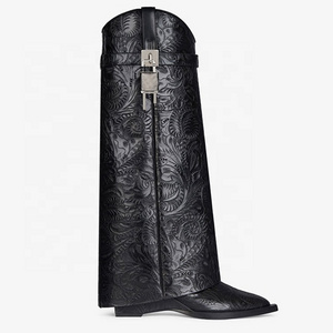 Women high heel wedge wide calf boots pointy toe shark lock printed trouser boots for men