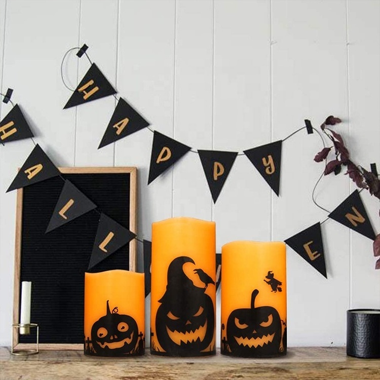 Classic Flameless LED Candles With Ghost Pumpkin Decad Timed Remote Control For Halloween Home