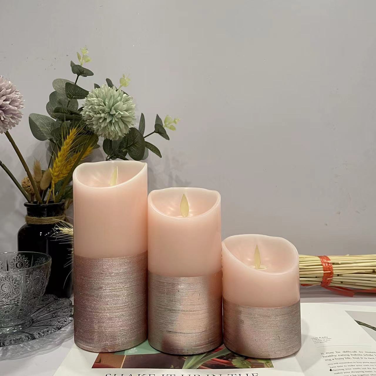 Wholesale Moving Wick Pink LED Candle with Timing holiday smooth led flickering candles  home decoration