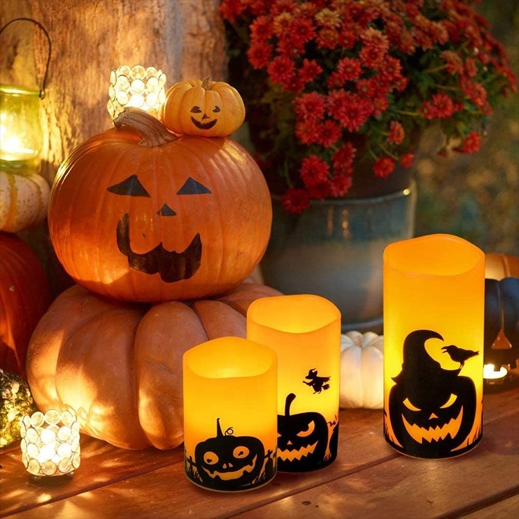 Classic Flameless LED Candles With Ghost Pumpkin Decad Timed Remote Control For Halloween Home