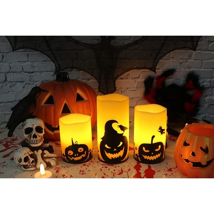 Classic Flameless LED Candles With Ghost Pumpkin Decad Timed Remote Control For Halloween Home