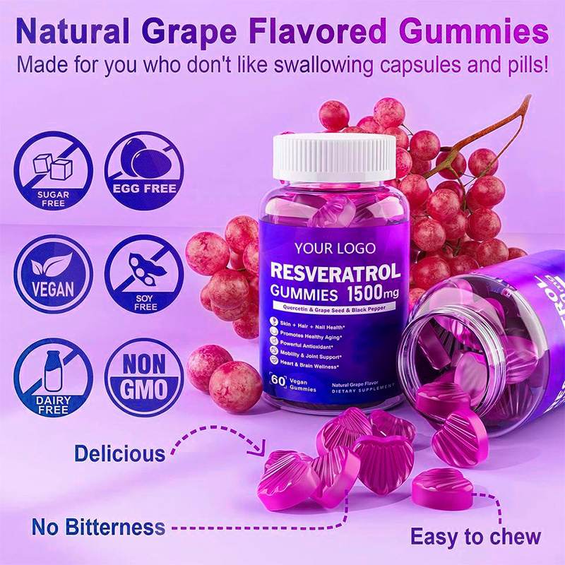 100% Natural Ingredients Potent Antioxidants Resveratrol Supplement Gummies Anti-Aging Heart Health Support