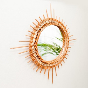 Hot product Sun flower round wall decorative woven custom framed wooden makeup rattan wicker willow mirror for decoration, gitts