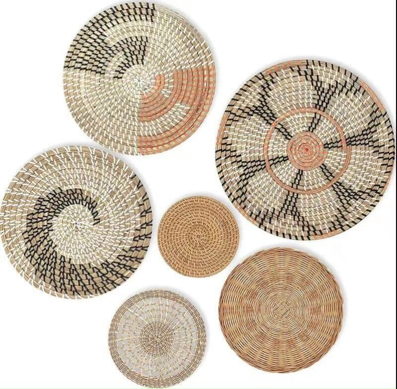 Customized Quantity Set Floral Pattern Seagrass Baskets Wall Decor Hang Round Basket Boho Decor