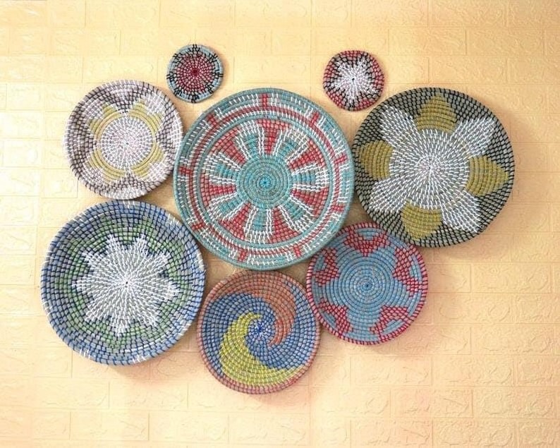 Customized Quantity Set Floral Pattern Seagrass Baskets Wall Decor Hang Round Basket Boho Decor