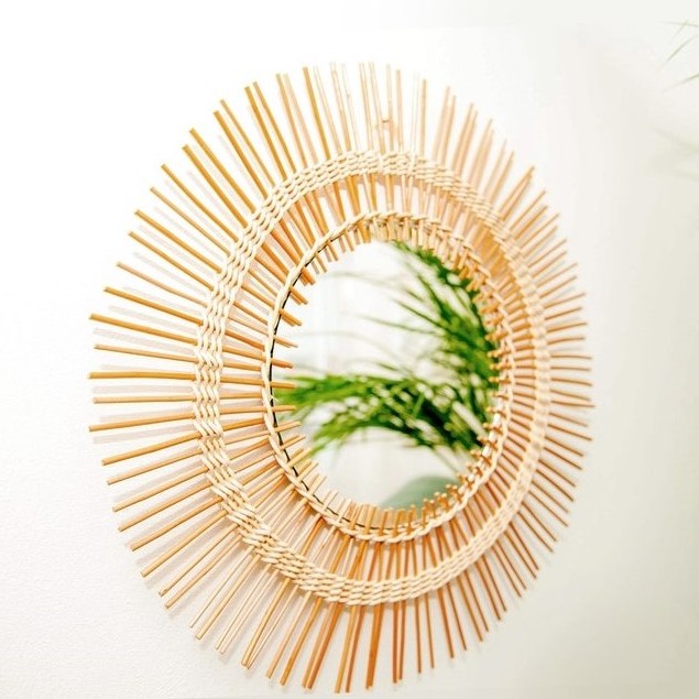 Hot product Sun flower round wall decorative woven custom framed wooden makeup rattan wicker willow mirror for decoration, gitts