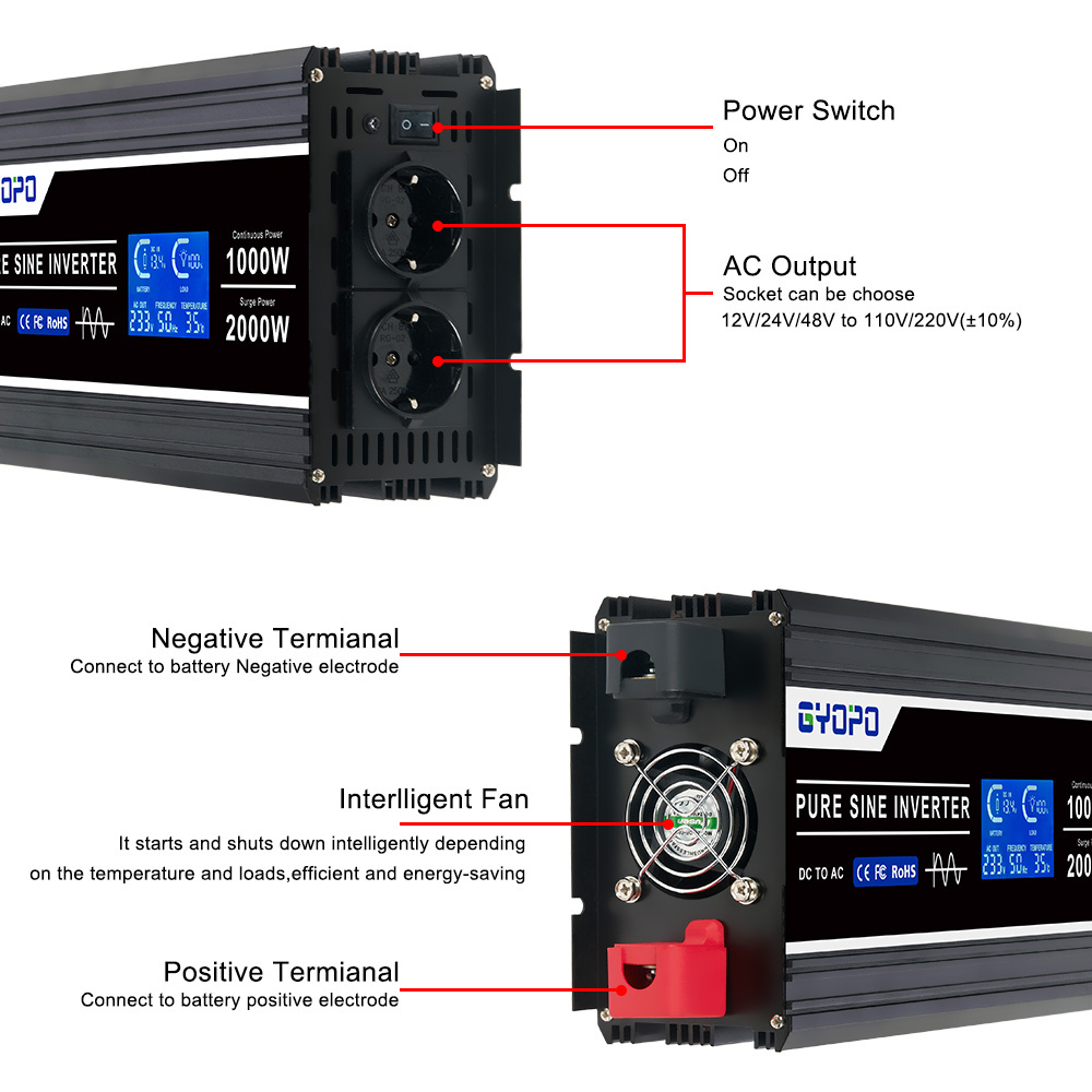 Power Inverter 12v 220v 1000w mini 12v to 220v Electric Pure Sine Wave Car Inverter Converter