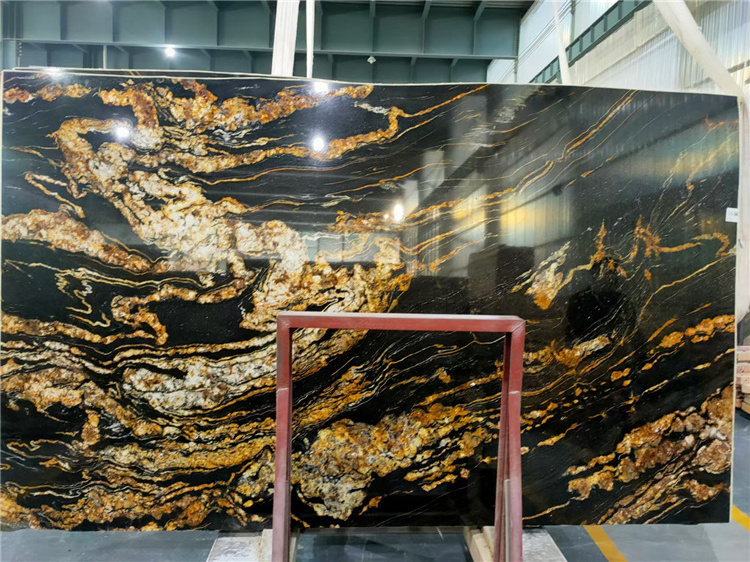 TMZ OEM/ODM Large Size 3300*1800mm Book Matched Vein Black Fusion Granite Tiles with Gold Vein for Hotel Project