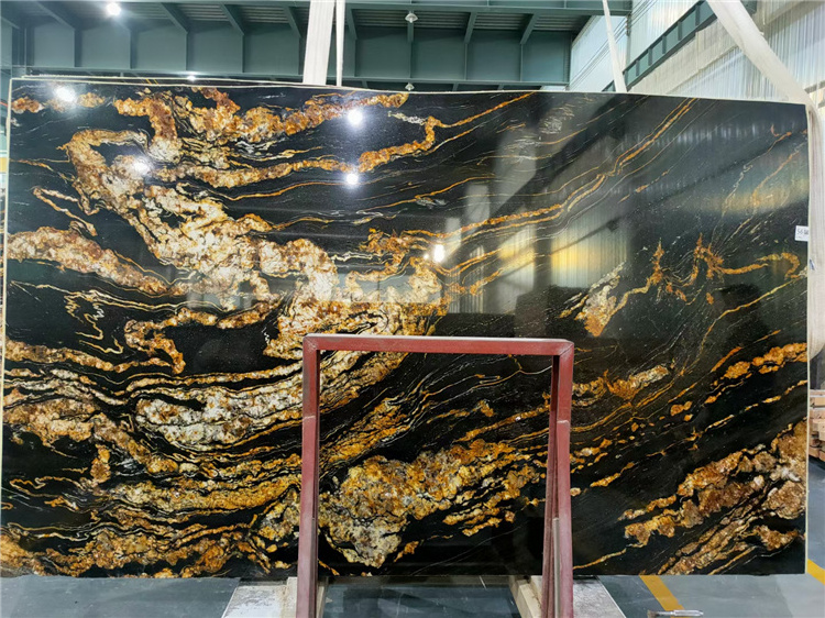 TMZ OEM/ODM Large Size 3300*1800mm Book Matched Vein Black Fusion Granite Tiles with Gold Vein for Hotel Project