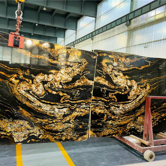 TMZ OEM/ODM Large Size 3300*1800mm Book Matched Vein Black Fusion Granite Tiles with Gold Vein for Hotel Project