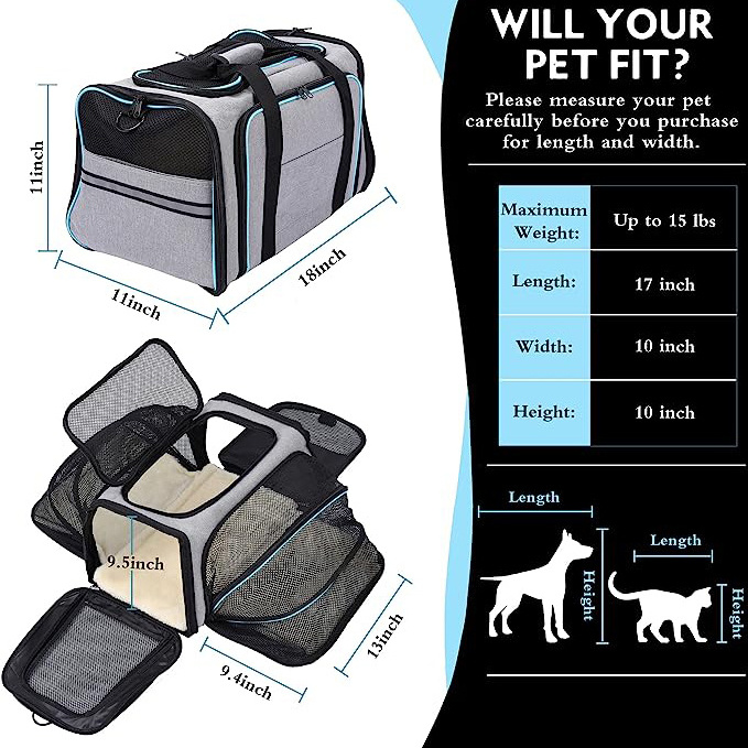 2023 New Pet Travel Carrier Bag 2 Sides Expandable Collapsible Soft-Sided Large Cats Dogs Carrier