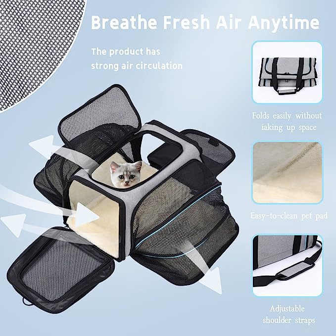 2023 New Pet Travel Carrier Bag 2 Sides Expandable Collapsible Soft-Sided Large Cats Dogs Carrier