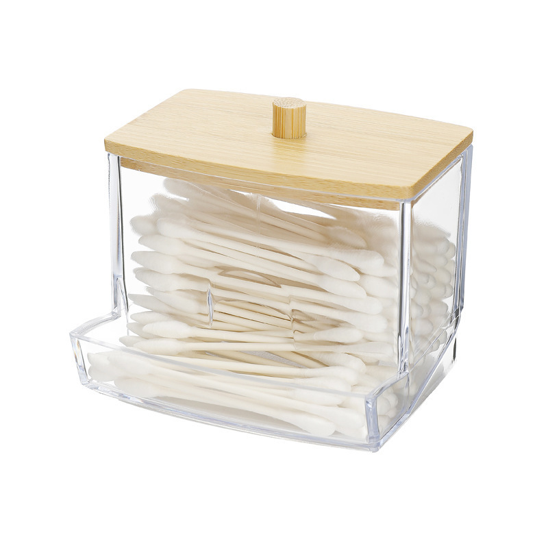 New Custom Logo Cotton Pad Storage Box Portable Cosmetic Cotton Stick Holder with Bamboo Lid