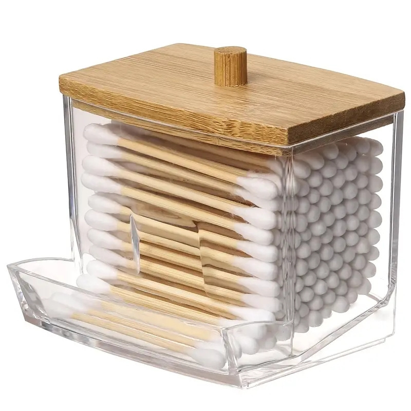 New Custom Logo Cotton Pad Storage Box Portable Cosmetic Cotton Stick Holder with Bamboo Lid