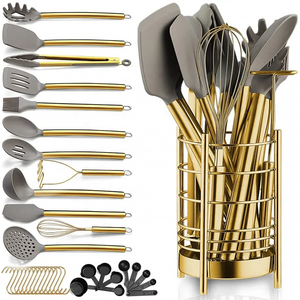 Custom silicone kitchen tools stainless steel home kitchen chef cook gold color utensils silicone kitchen cooking utensils set