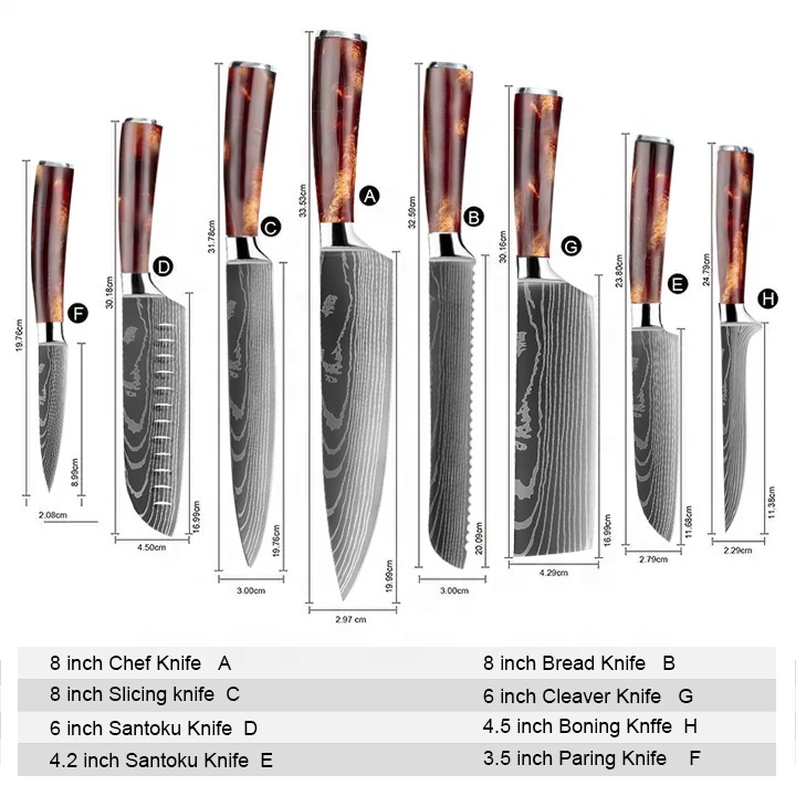 TOALLWIN kitchen knife accessory laser stainless steel Japanese chef professional resin handle kitchen knives kitchen knife set