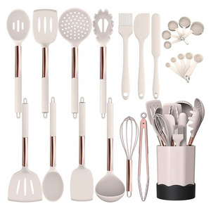 Household stainless steel silicone kitchen tools gadgets silicone cooking utensils pink rose gold silicone kitchen utensils set