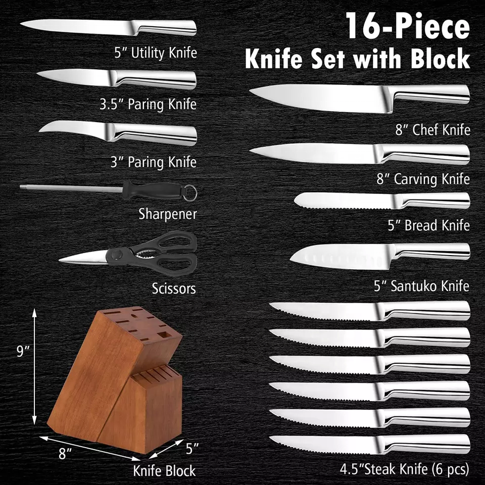 Wholesale custom professional hollow handle stainless steel chef cooking kitchen knives kitchen knife set with wooden block