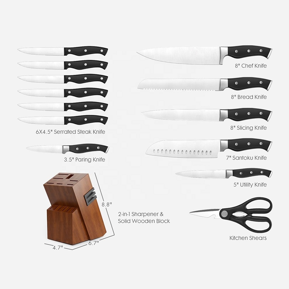 Professional kitchen knives accessories wood kitchen knife block set 15 pieces stainless steel chef kitchen knife set with stand