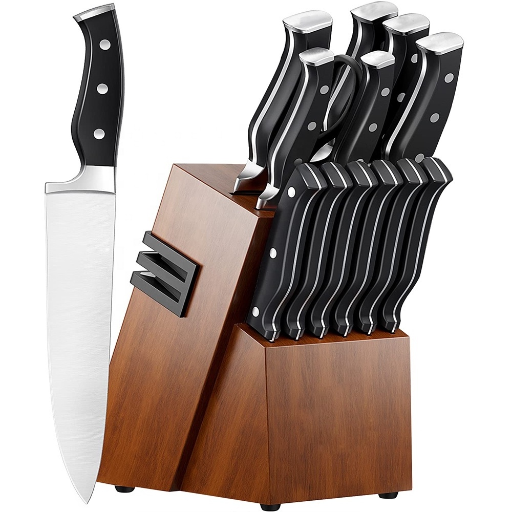 Professional kitchen knives accessories wood kitchen knife block set 15 pieces stainless steel chef kitchen knife set with stand