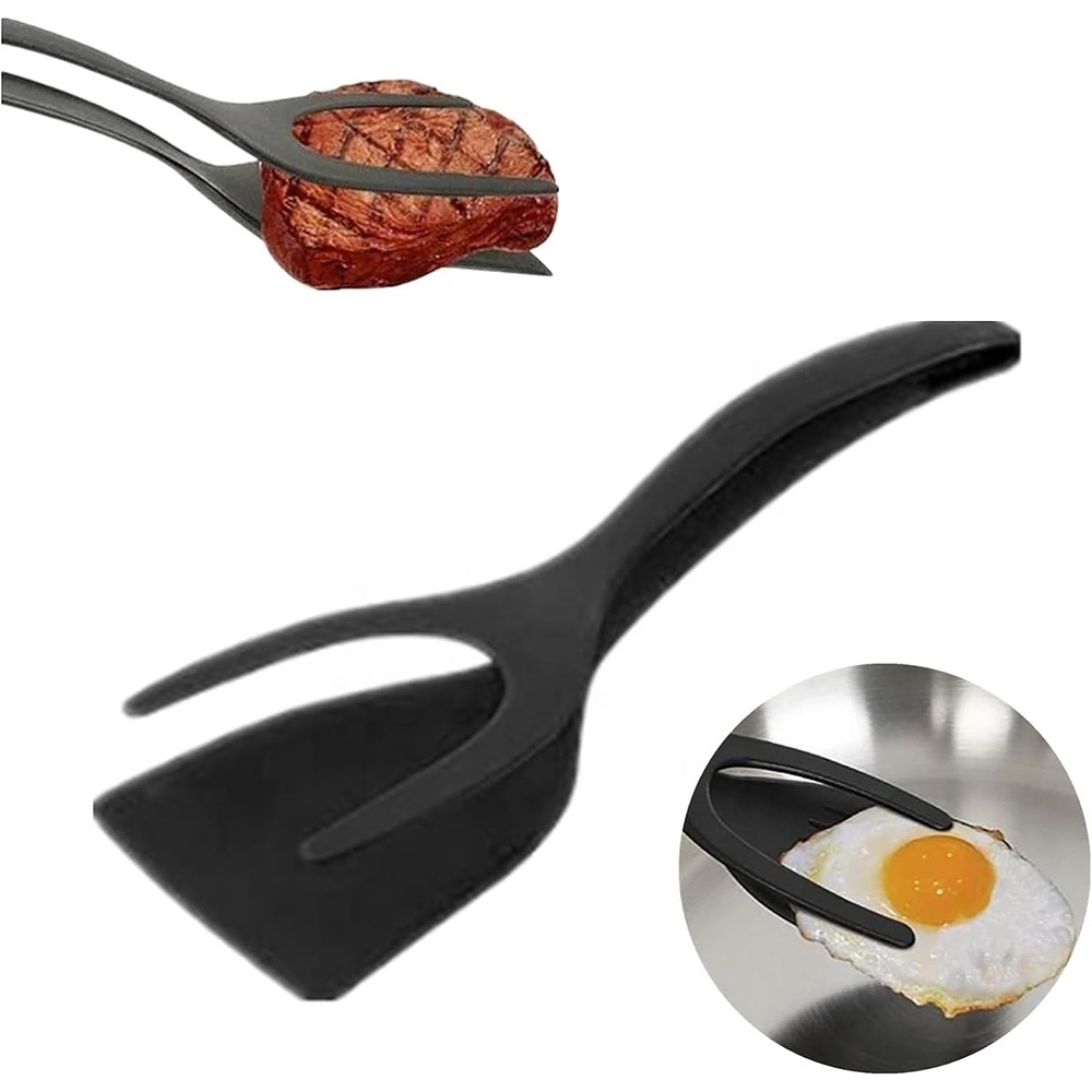 Custom kitchen gadgets 2 in 1 grip and flip spatula tongs egg flipper 2 in 1 spatula tongs for egg silicone kitchen food tongs