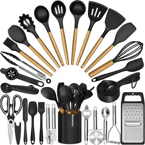 High quality silicone kitchen cooking gadgets tools black silicone cooking utensils kitchen utensils set with wooden handle