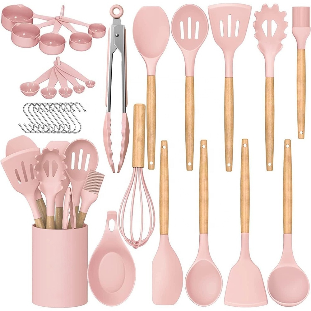 TOALLWIN kitchen tools gadgets household pink silicone cooking utensils kitchen set wholesale wood silicone kitchen utensils set