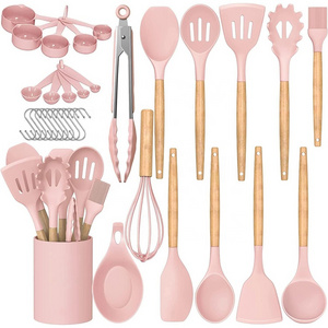 TOALLWIN kitchen tools gadgets household pink silicone cooking utensils kitchen set wholesale wood silicone kitchen utensils set