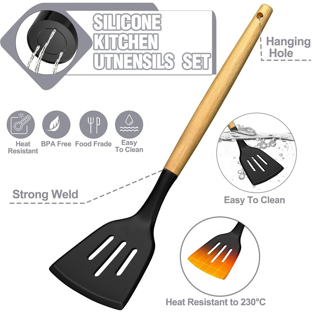 High quality silicone kitchen cooking gadgets tools black silicone cooking utensils kitchen utensils set with wooden handle